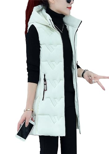 Yming Frauen Outdoor Langer Mantel Winter Warme Daunenweste Gesteppt Einfarbig Gepolsterte Weste Warme Weste Lange Daunenweste Weiß XS von Yming