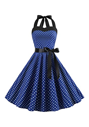 Yming Frauen Party Blumendruck Rockabilly Kleid Audrey Hepburn Ärmelloses Kleid Elastische Taille Cocktailkleid Ärmellos Dunkelblau L von Yming