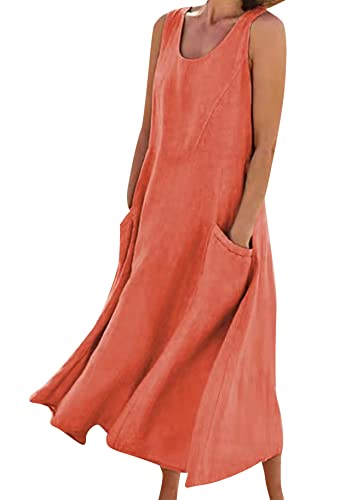 Yming Frauen Plus Größe Leinen Kleider Ärmellos Lässig Locker Einfarbig Übergroß Langes Kleid Mit Taschen Orange XL von Yming