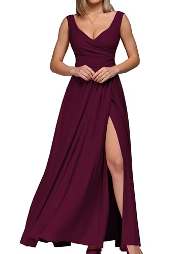 Yming Frauen Prom Wrap V Hals Hochzeit Gast Kleid Maxi Formal Brautjungfer Kleid Split Abendkleid Kleid Weinrot XL von Yming