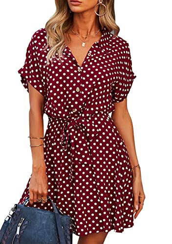 Yming Frauen Punktmuster Kleid mit hoher Taille V-Ausschnitt Kleid Mini Kurzarm Kleid Weinrot S von Yming