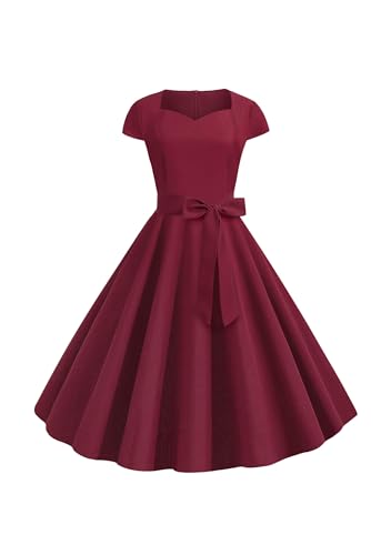 Yming Frauen Quadratischer Kragen Kragen Einfarbig Partykleid Vintage Teekleid Retro Rockabilly Cocktail Knopf Abendkleid Weinrot M von Yming