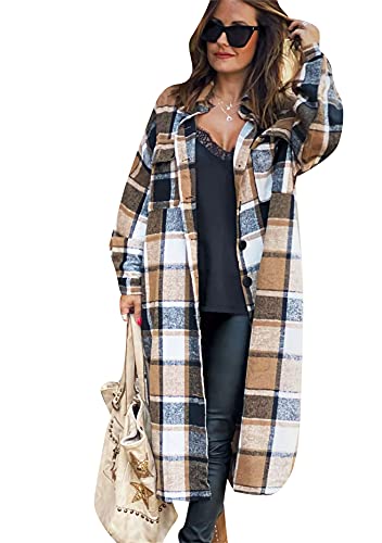 Yming Frauen Revers Langarm Casual Mantel Plaid Farbblock Button Down Lange Oversized Mantel Braun XL von Yming
