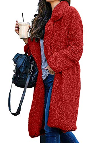 Yming Frauen Revers Plüsch Mantel Jacke Teddy Fleece Mantel Kunstpelz Cardigan Warme Langarm Jacke Rot 2XL von Yming