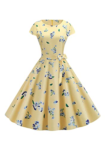 Yming Frauen Rockabilly Cocktailkleid Mit Gürtel Kurzärmelige Kleider Trapezkleider Audrey Hepburn Elegante Sexy Blumenkleider Gelb Blumen S von Yming