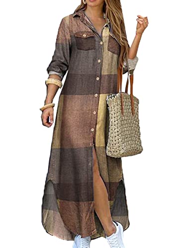 Yming Frauen Roll Up Ärmel Langarm Kleid Multicolor Blumendruck Button Down Kleid Khaki S von Yming