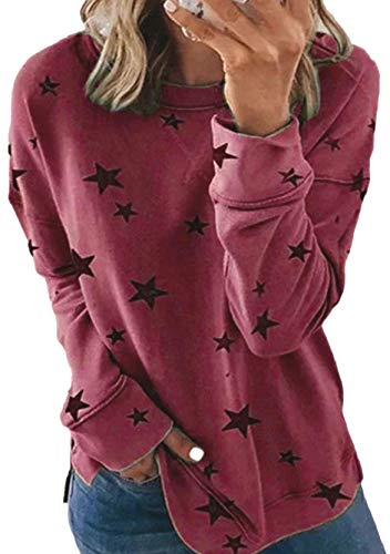 Yming Frauen Rundausschnitt Sweatshirts Lässige Stern Bluse Langarm Oberteil Bordeaux M von Yming
