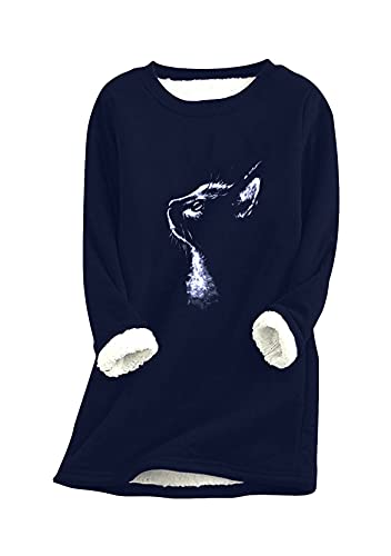 Yming Frauen Rundhals Pulli Katze Dicker Fleece Sweatshirts Langarm Pulli Bedrucktes Oberteil M-Navy Blau 3XL von Yming