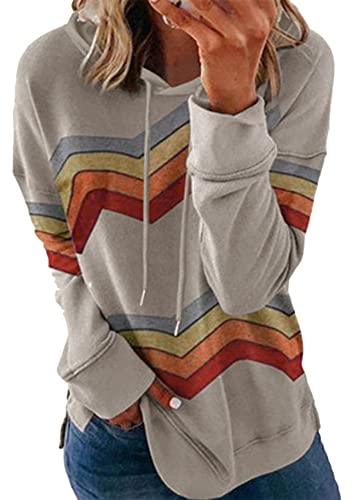 Yming Frauen Rundhals Pullover Bunte Streifen Kordelzug Pullover Langarm Kapuzenshirts Grau 3XL von Yming