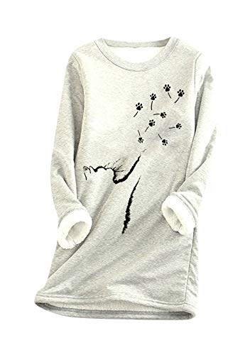 Yming Frauen Rundhals Pullover Katzenpfote Teddy Fleece Top Langarm Bedrucktes Pullover MZ-Hellgrau 3XL von Yming