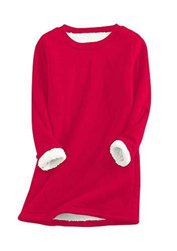 Yming Frauen Rundhals Pullover Mit Nachahmung Lammhaar Sweatshirts Einfarbig Pullover Rot XXL von Yming