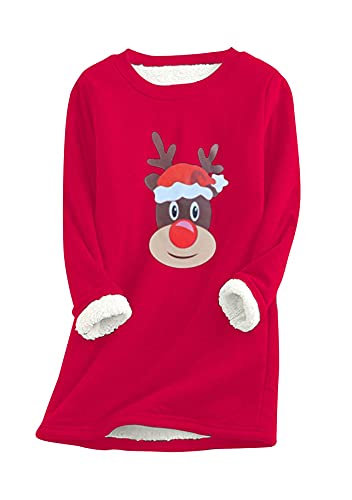 Yming Frauen Rundhals Pullover Mit Nachahmung Lammhaar Sweatshirts Rehkopf Pullover Rot XXL von Yming