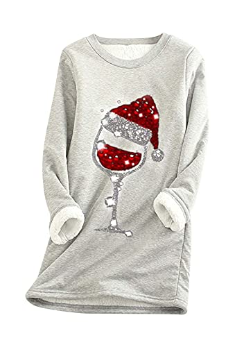 Yming Frauen Rundhals Pullover Weihnachten Weinglas Teddy Fleece Pulli Langarm Pullover Hellgrau 3XL von Yming