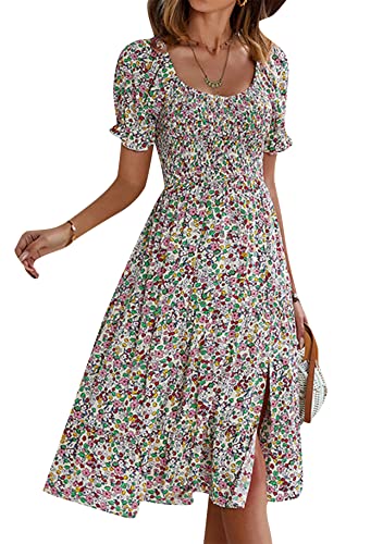 Yming Frauen Rundhals Sommerkleid Kurzarm Blumenkleid Schlitz Bohemien Kleid Aprikose S von Yming