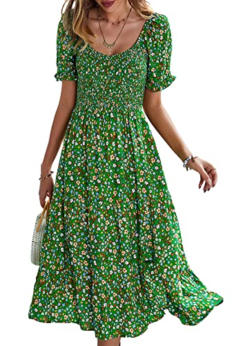 Yming Frauen Rundhals Strandkleid Kurze Ärmel Blumenkleid Schlitz Sommerkleid Grün M von Yming