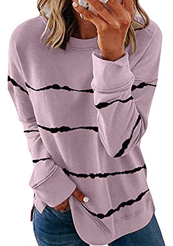 Yming Frauen Rundhals Sweatshirt Lässige Gestreift Bluse Langarm Oberteil Hellrosa XL von Yming