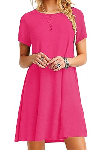 Yming Frauen Kurzarm T-Shirt mit Rundhalsausschnitt Minikleid Lässige Tunika Oberteile Locker geschnittenes Swing Kleid Rosa Rot XL von Yming