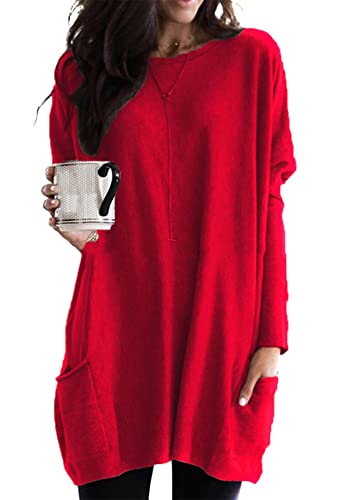 Yming Frauen Rundhalsausschnitt Lange Bluse Einfarbig Sweatshirts Langarm Pullover Rot M von Yming