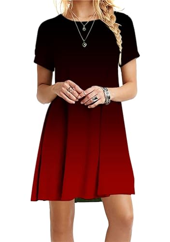 Yming Frauen Rundhalsausschnitt T-Shirt Einfaches Kleid Plus Size Boho Bequeme Strandkleider Kurzarm Casual Midi Länge Kleid Verlauf Schwarz Rot 5XL von Yming