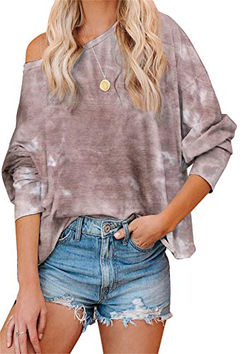 Yming Frauen Schulterfrei Tops Lässige Tie Dye Bluse Langarm Oberteil Dunkelrot M von Yming