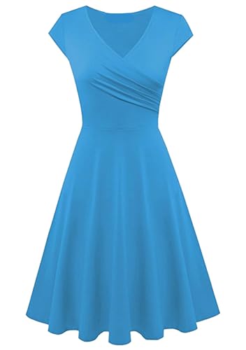 Yming Damen V-Ausschnitt Partykleid Hohe Taille Audrey Elegantes einfarbiges Kleid Himmel Blau M von Yming