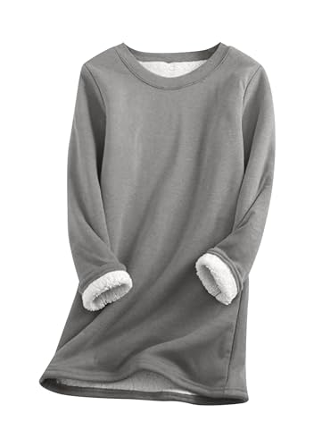 Yming Frauen Sherpa Gefüttertes Rundhals Sweatshirt Winter Warm Fuzzy Fleece Pullover Plus Size Dicker Pullover Dunkel Grau XL von Yming