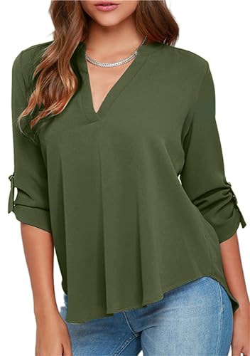 Yming Frauen Solid Color Casual Plus Size Shirt Bluse Verstellbare Ärmel Shirts Armeegrün L von Yming