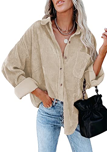 Yming Frauen Solid Farbe Shirt Strickjacke Flauschige Cord Oversized Shirt Aprikose S von Yming