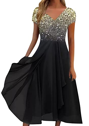 Yming Frauen Sommer Patchwork Kleid V Ausschnitt Chiffon Kleid Cocktail Formale Ballkleider Gelb Schwarz XL von Yming