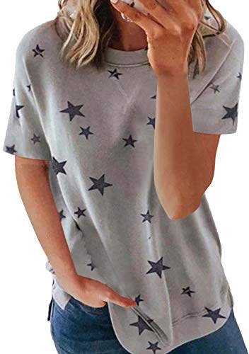 Yming Frauen Sommer Shirt Basic Kurzarm Tops Sternen Print Sommerhemd Hellgrau 2XL von Yming