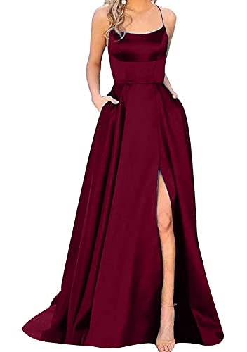 Yming Frauen Sommer Spaghetti Träger Kleid Quadratischer Ausschnitt Satin Schlitz Kleid Cocktail Formale Ballkleider Rotwein XS von Yming