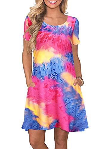 Yming Frauen Sommerkleid Kurzarm Casual Shirtkleid Kurzarm Tie Dye Kleid Loses Kleid ZR-Rose M von Yming