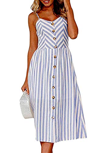 Yming Frauen Sommerkleid mit Blumendruck Strandkleid Ärmelloses Kleid Blau L von Yming