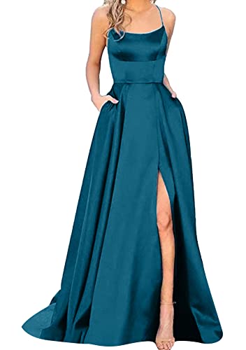 Yming Frauen Spaghetti Träger Ballkleider Mit Taschen Satin Kleid Mit Hohem Schlitz Lange Brautjungfernkleider Türkis XS von Yming