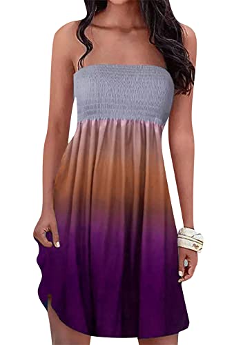 Yming Frauen Strand Böhmischen Sonnenkleid Trägerloses Schulterfreies Kleid Mit Smokings Lässiges Sommerkleid Mit Elastischer Büste Verlauf Lila XXL von Yming