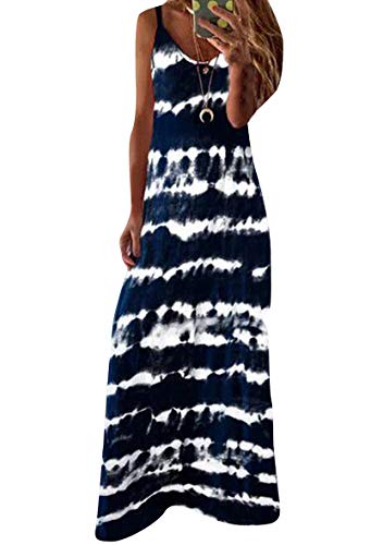 Yming Frauen Streifen Kleid V-Ausschnitt Sommerkleid Ärmellos Maxikleid Marineblau M von Yming