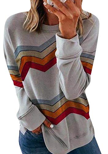 Yming Frauen Streifendruck Sweatshirt Casual Langarmshirt Freizeit Oberteil Hellgrau XXL von Yming