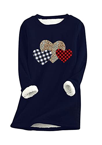 Yming Frauen Teddy Fleece Pulli Herz Warm Sweatshirts Nachahmung Lammhaar Langarm Pulli Navy Blau XXL von Yming