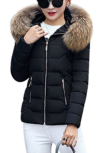 Yming Frauen ÜbergangsSteppjacke mit Kunstpelz Kapuze Warm Winterjacke Gefüttert Parka Schwarz-B S von Yming