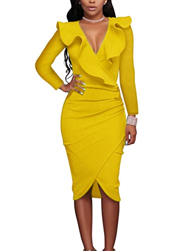 Yming Frauen Unregelmäßiger Volant Kleid Bodycon Tiefem V-Ausschnitt Cocktail Kleid Gelb M/DE 38-40 von Yming