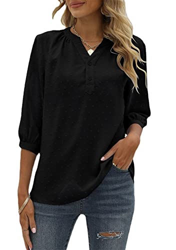 Yming Frauen V-Ausschnitt Jacquard Bluse Casual Chiffon Shirt Halbarm T-Shirt Schwarz XL von Yming