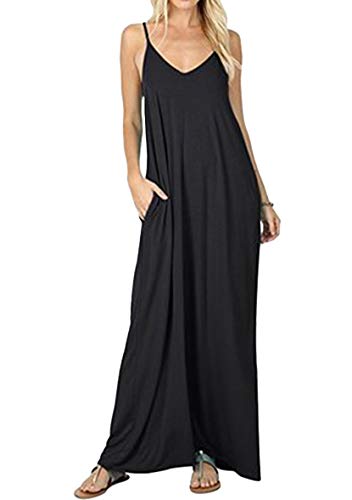 Yming Frauen V-Ausschnitt Kleid Ärmelloses Kleid Strandkleid Maxikleid mit Taschen Schwarz S von Yming