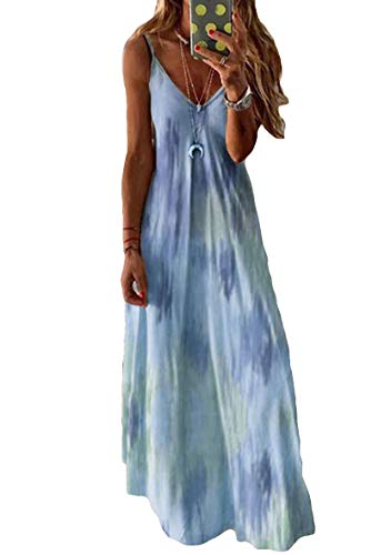 Yming Frauen V-Ausschnitt Kleid Boho Maxikleid Ärmellos Kleid Sommerkleid Hellblau XXL von Yming