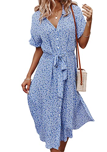 Yming Frauen V-Ausschnitt Kleid Kurzarm Kleid Sexy Button Down Sommerkleid mit Gürtel Blau M von Yming