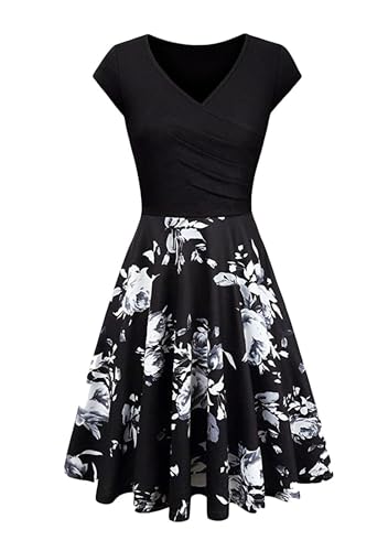 Yming Frauen V-Ausschnitt Wickel Kurzarm Cocktail Swing Kleid Party Cocktail Midi Kleid Schwarz Safran S von Yming