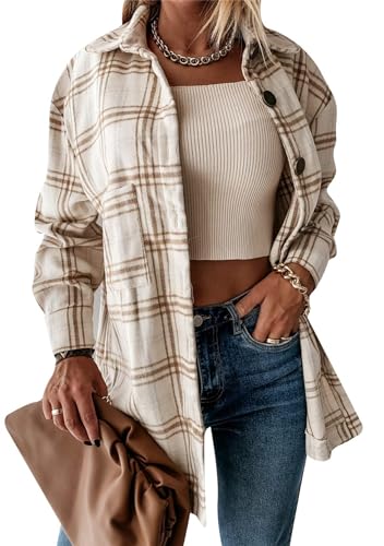 Yming Frauen Vintage Karierte Jacke Knöpfe Übergangsjacke Lang Overshirt Langarm Karobluse Oversized E-Kaffee S von Yming