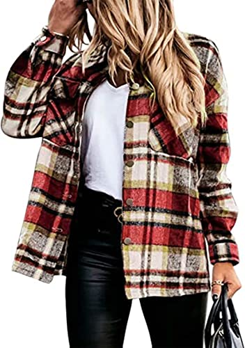 Yming Lady Mode Plaid Shirts Langarm Revers Button Down Bluse Tops Lose Oversize Shacket Bluse ROT L von Yming