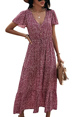 Yming Frauen Vintage Kurzarm Kleid Langes Boho Feiertagskleid Sommer Urlaubkleid V-Ausschnitt Rüschenkleider Rot L von Yming