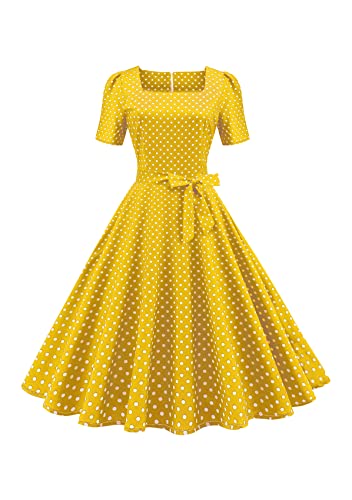 Yming Damen Abend Audrey Hepburn Stil Kleid 1950er Jahre Vintage Polka Dot Kleid Tea Party Cocktailkleid Gelb XL von Yming