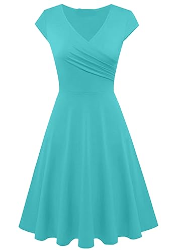 Yming Frauen Vintage Swing Cocktail Kleid Einfarbig Kleid Kurzarm Midikleid Aquamarinblau XS von Yming